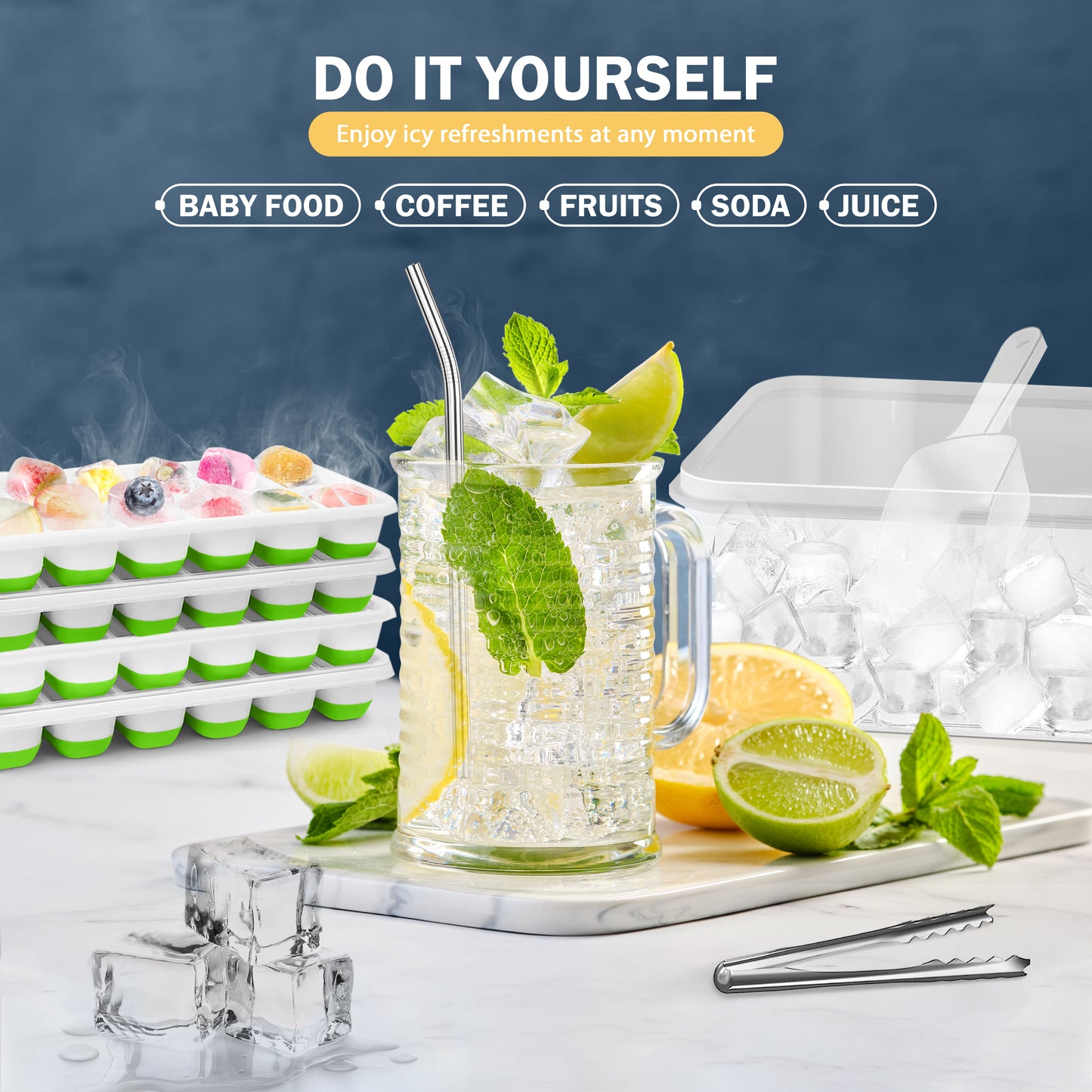 Ice Cube Tray with Lid, Ice Bin, Ice Scoop, Ice Tong, Drinking Straw