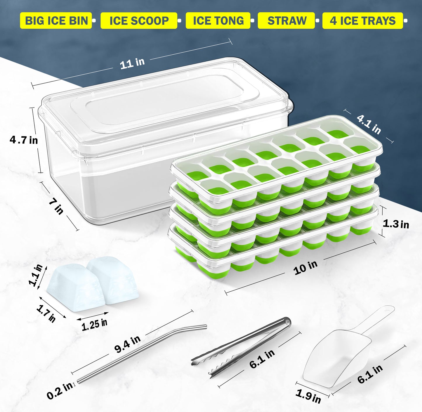 Ice Cube Tray with Lid, Ice Bin, Ice Scoop, Ice Tong, Drinking Straw