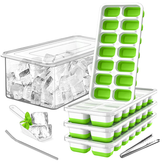 Ice Cube Tray with Lid, Ice Bin, Ice Scoop, Ice Tong, Drinking Straw